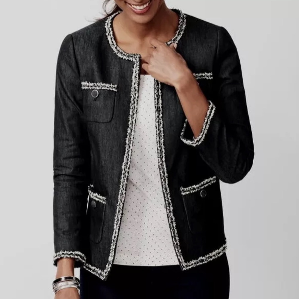 Talbots Lady Jacket Black Chambray Tweed Fringe  8P